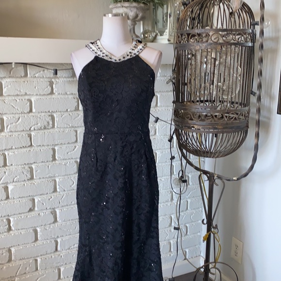 LA SCALA USA BLACK SEQUIN HALTER RHINESTONES FITTED DRESS XL EXCELLENT - Picture 2 of 12